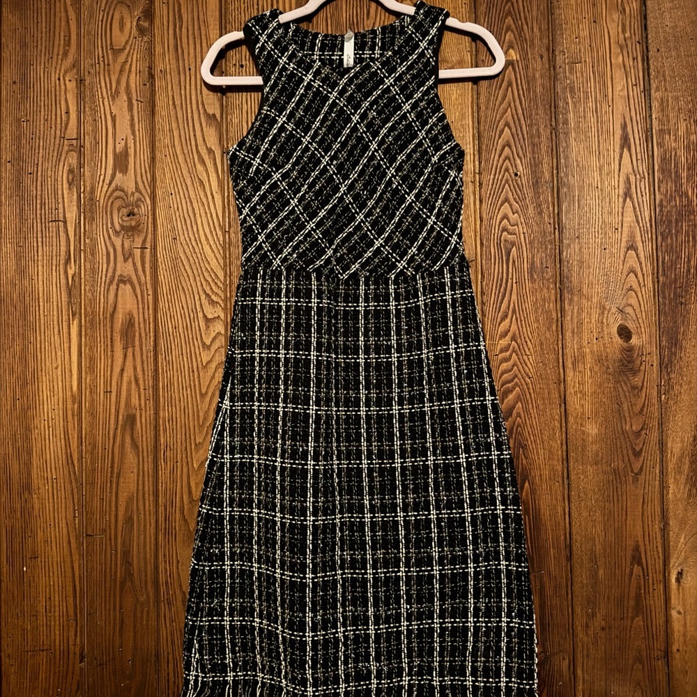 Sleeveless Black and White Tweed Midi Dress
